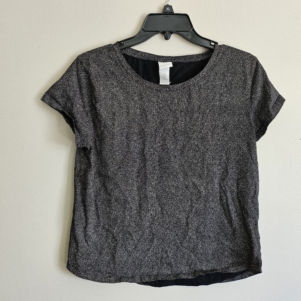 H&M Basics Black Short Sleeve Top with Tan Dots Medium